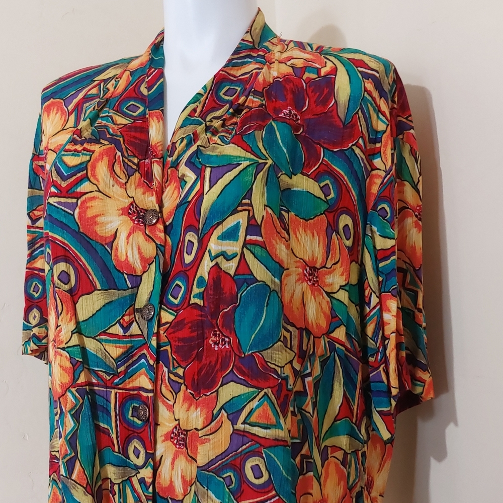 Vintage 80s Maggie McNaughton Plus Size 20W Colorful Hawaiian Floral Flowy Top - Picture 2 of 11
